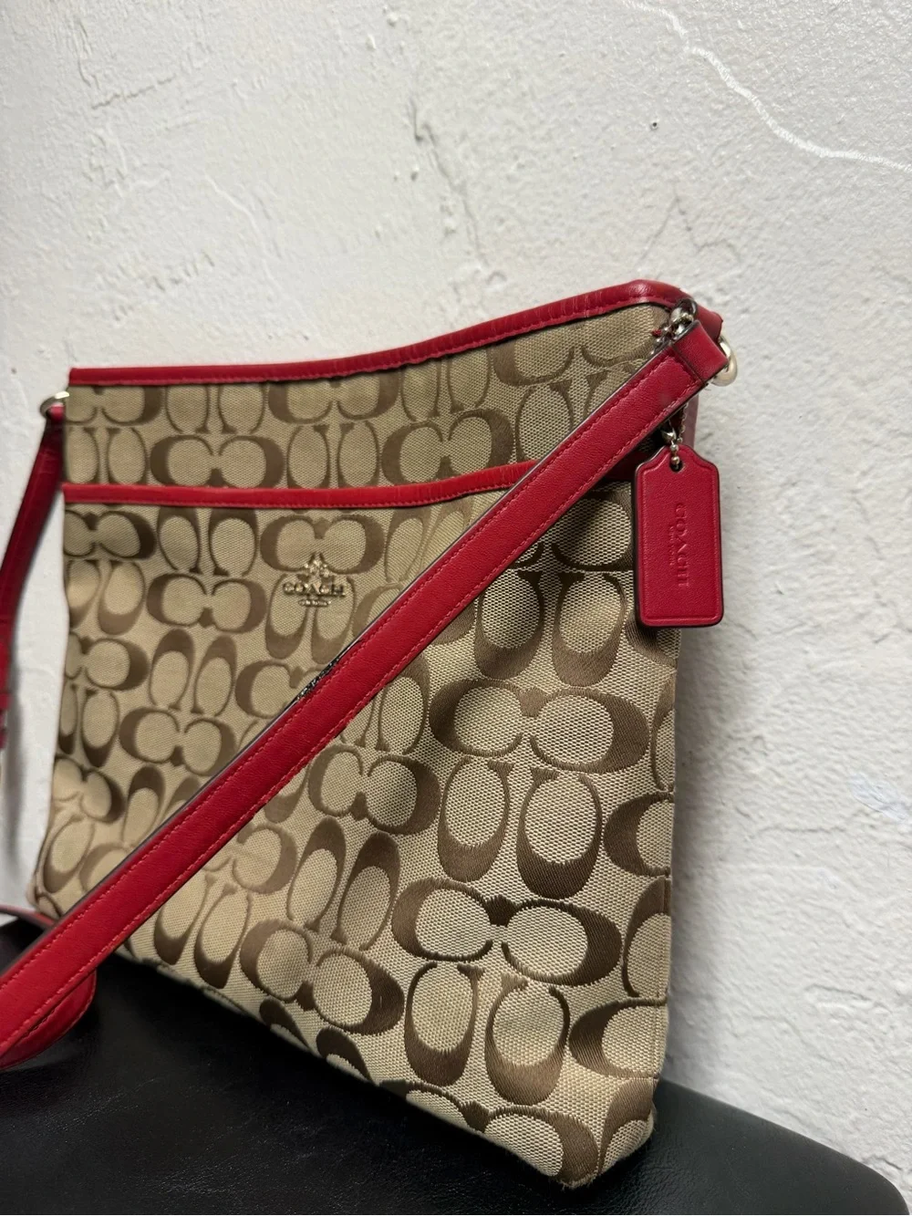 Coach Signature Canvas File Crossbody Bag in Khaki/Classic Red, model F36378